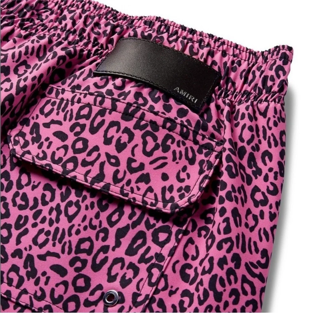 AMIRI Pink Leopard Print Swim Trunks Shorts, Size Large - Picture 3 of 13